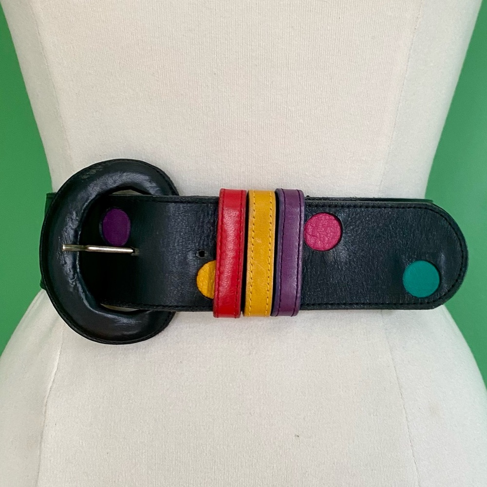 Vintage 80s 90s Patricia Green Black Leather Belt with Multicolor circles